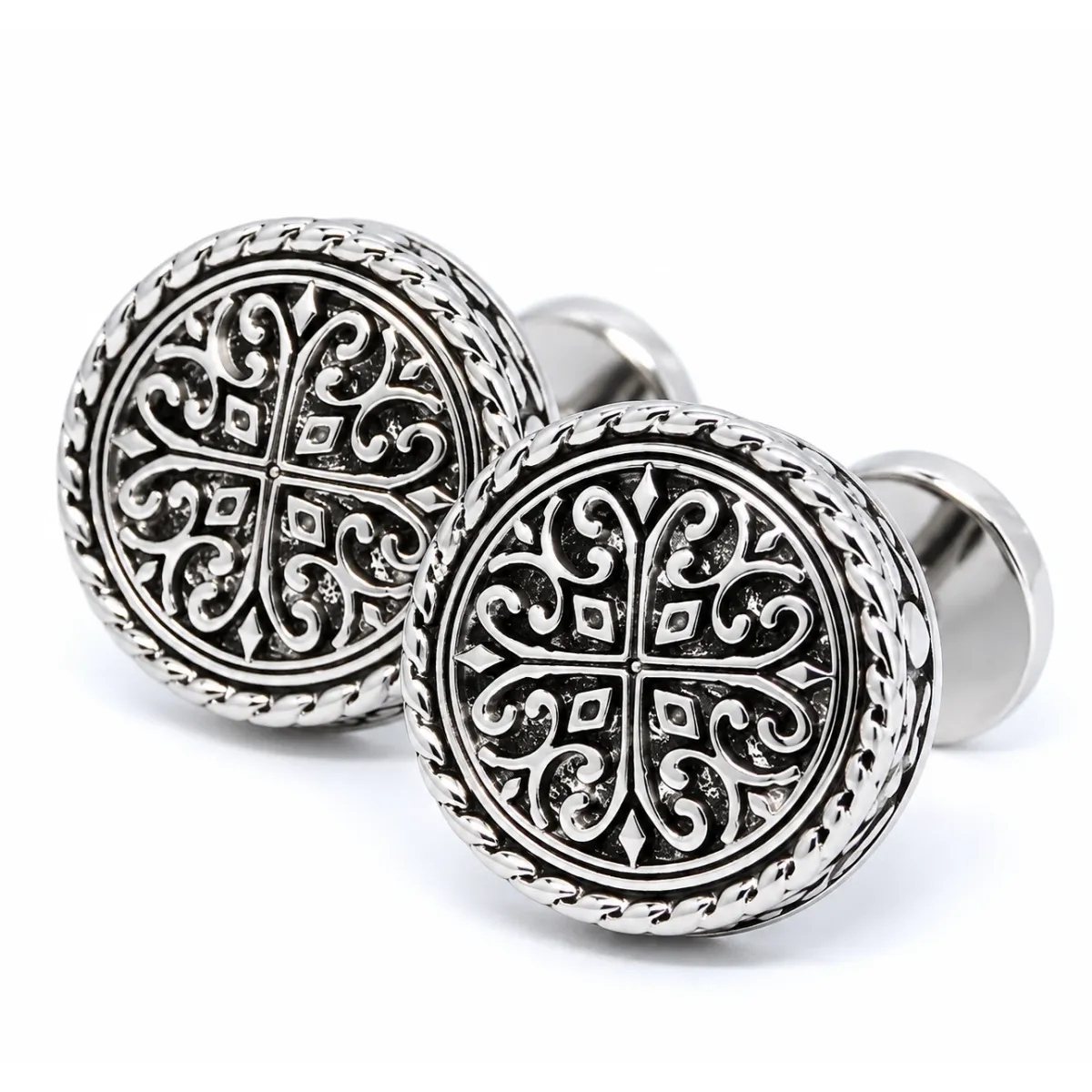 Runde Vintage Manschettenknöpfe - Silber mit antikem, eleganten Muster