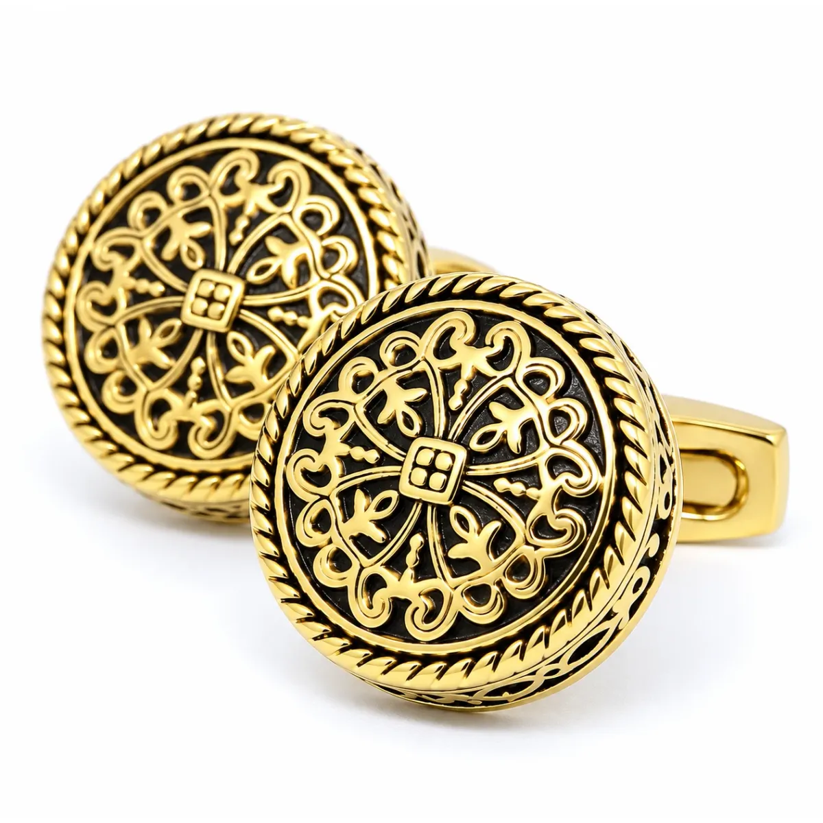 Runde Vintage-Manschettenknöpfe – Gold mit royalen Muster
