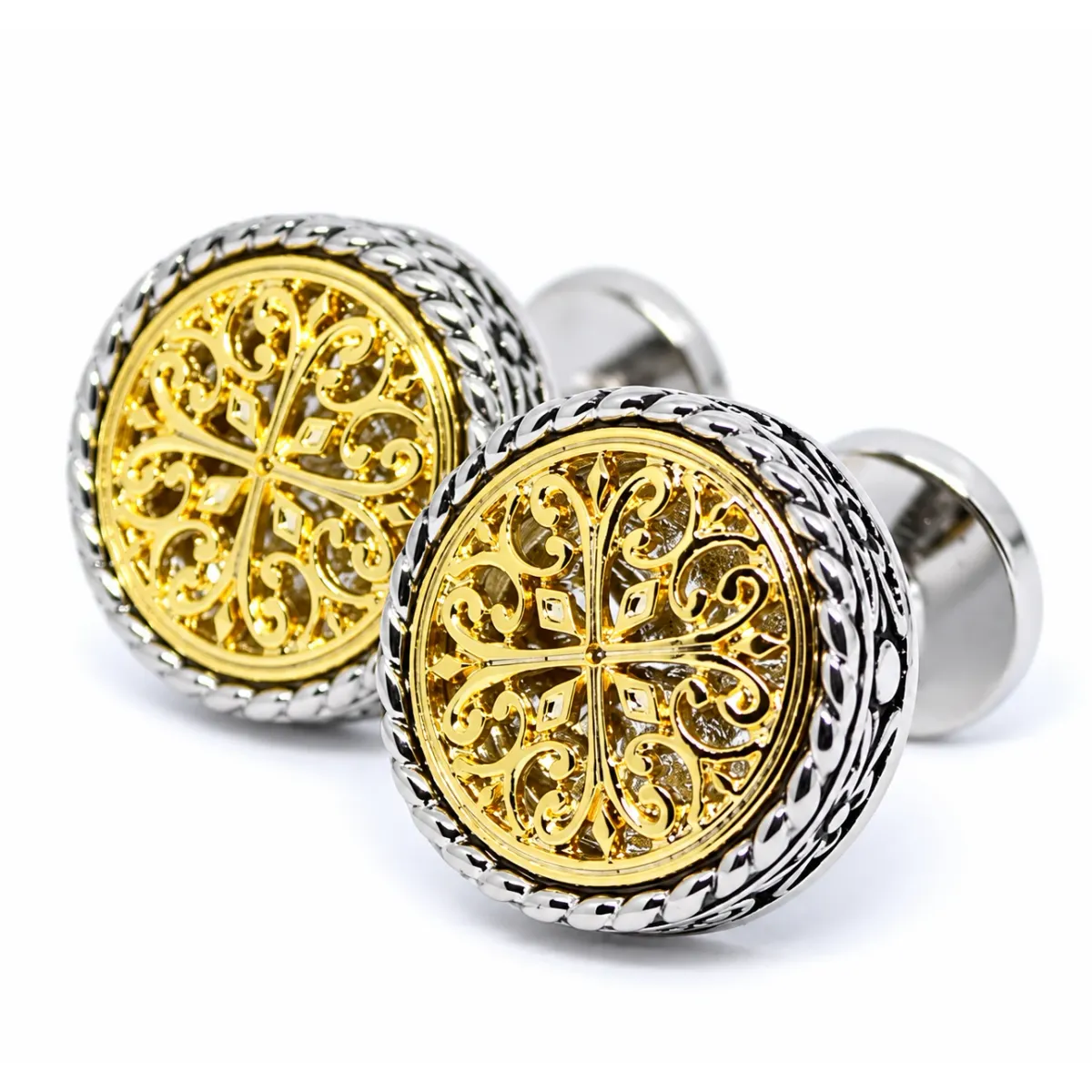 Runde Vintage-Manschettenknöpfe – Gold/Silber mit antikem, elegantem Muster