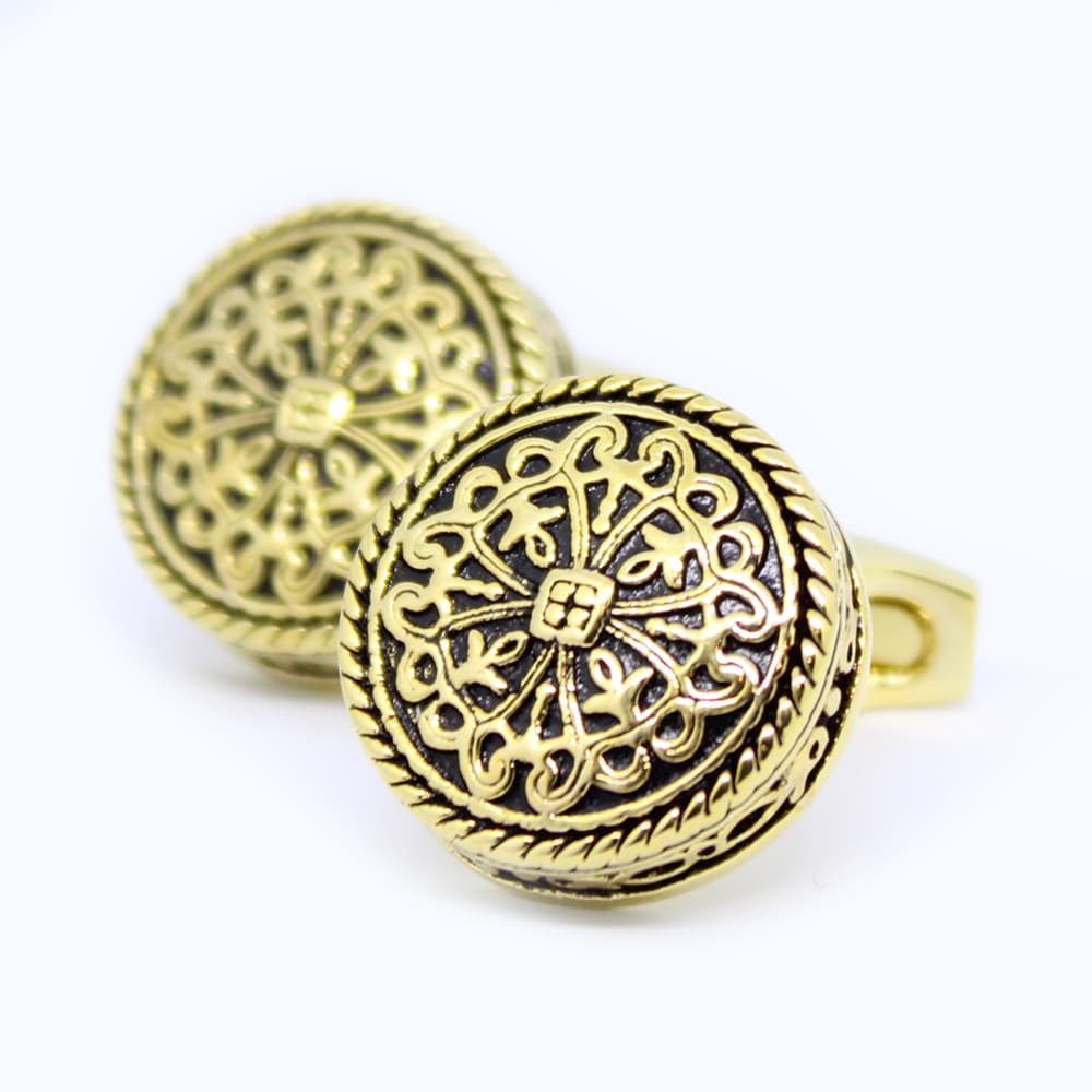 Runde Vintage-Manschettenknöpfe – Gold mit royalen Muster