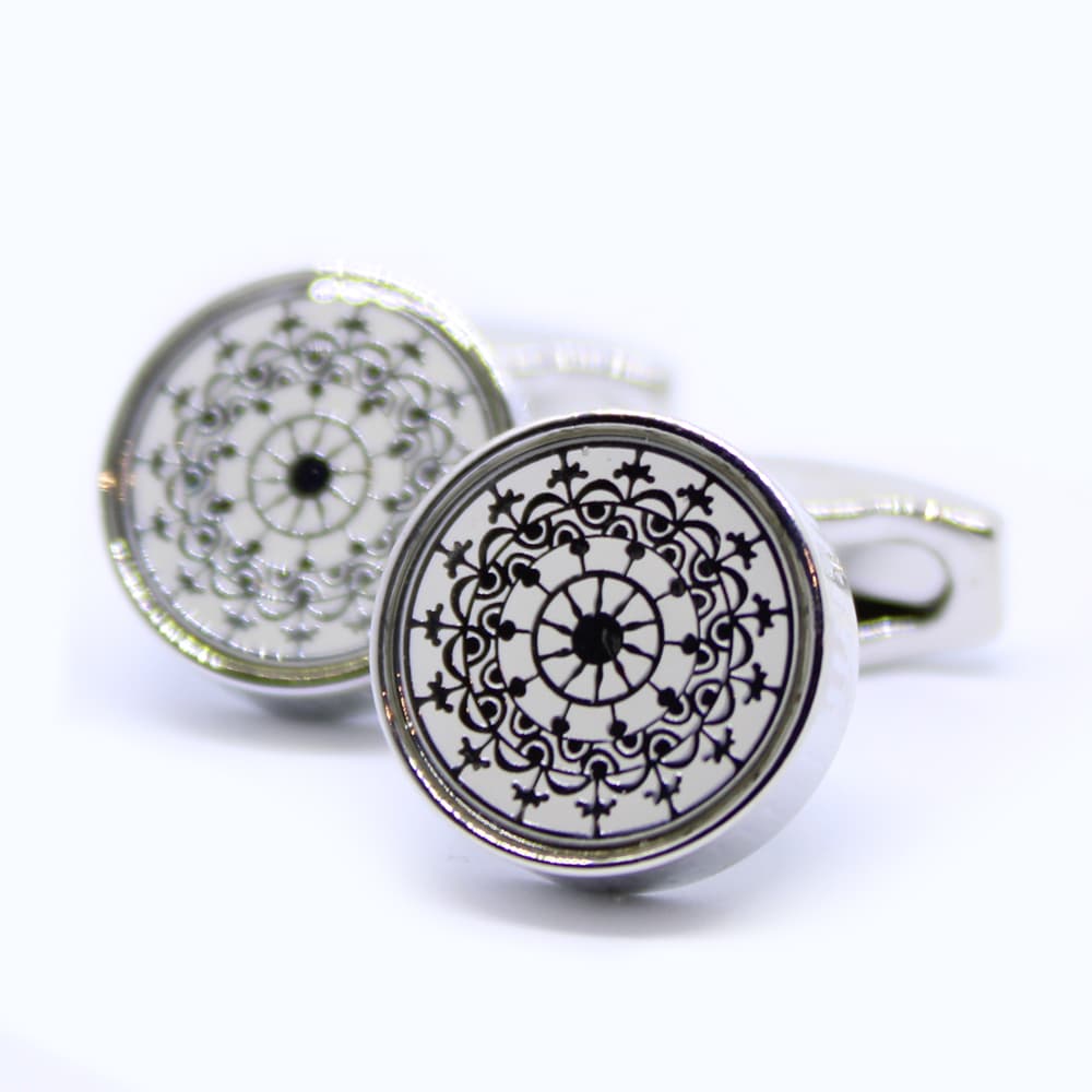 Runde Vintage-Manschettenknöpfe - Silber mit weißer Blume