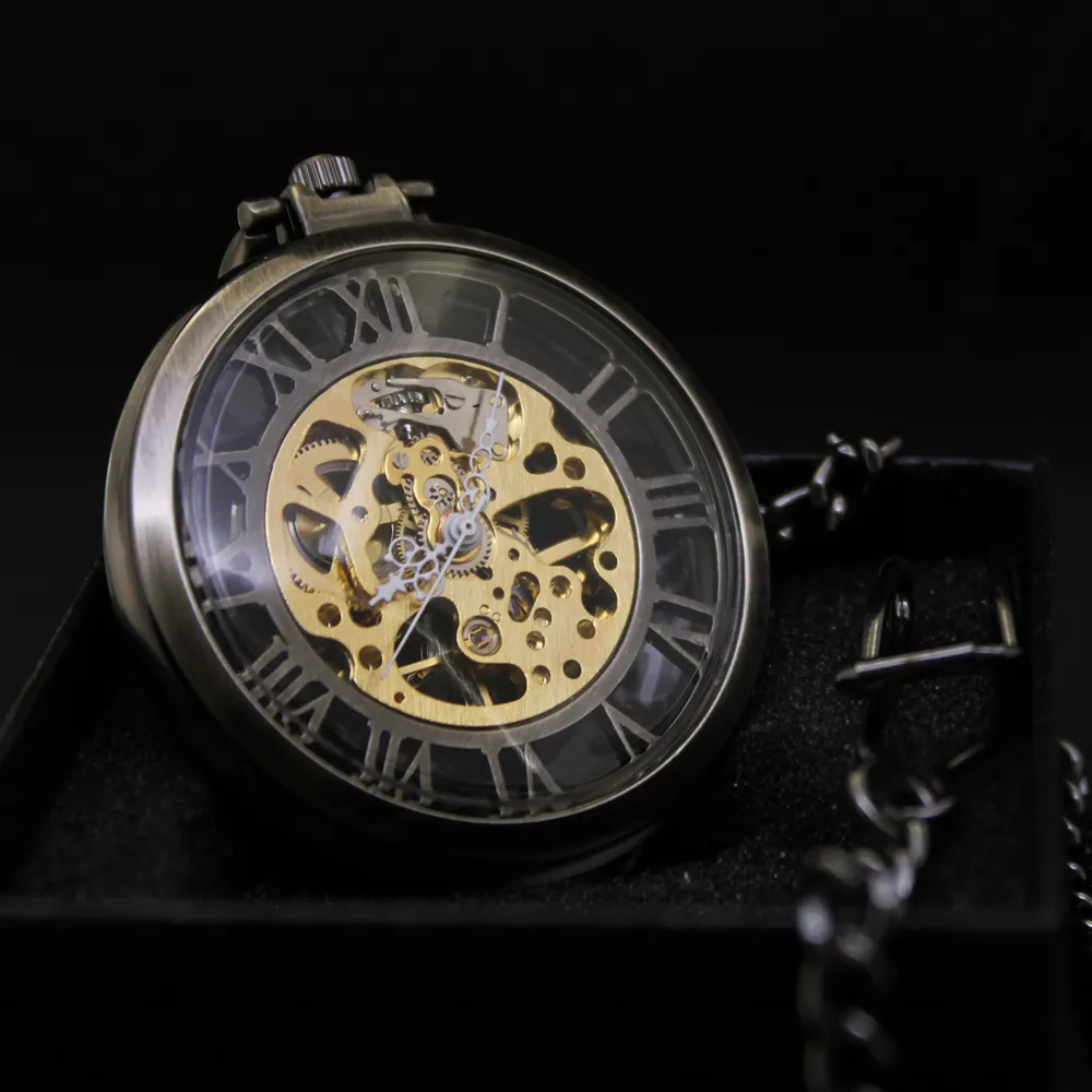 Anthrazitfarbene Taschenuhr mit Kette - Transparentes goldfarbenes Uhrwerk