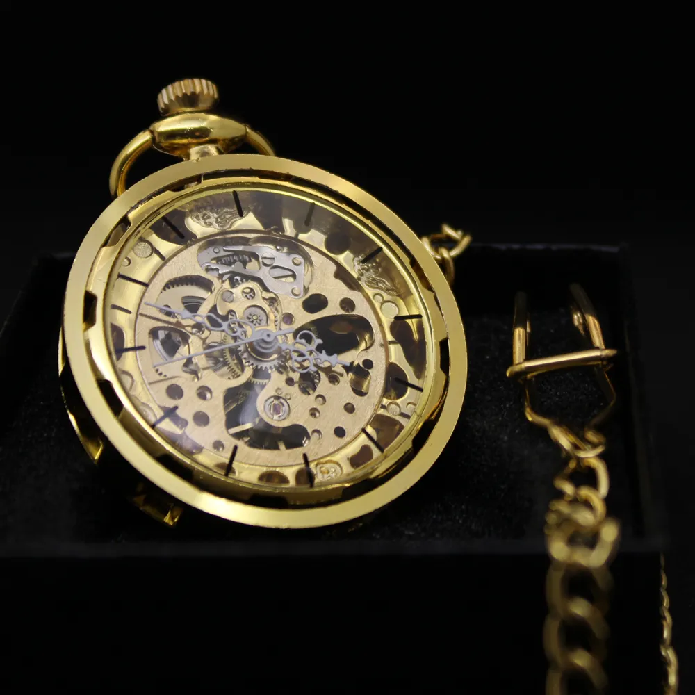 Goldene Taschenuhr mit Kette - Klassische Zeiger - Transparentes Uhrwerk