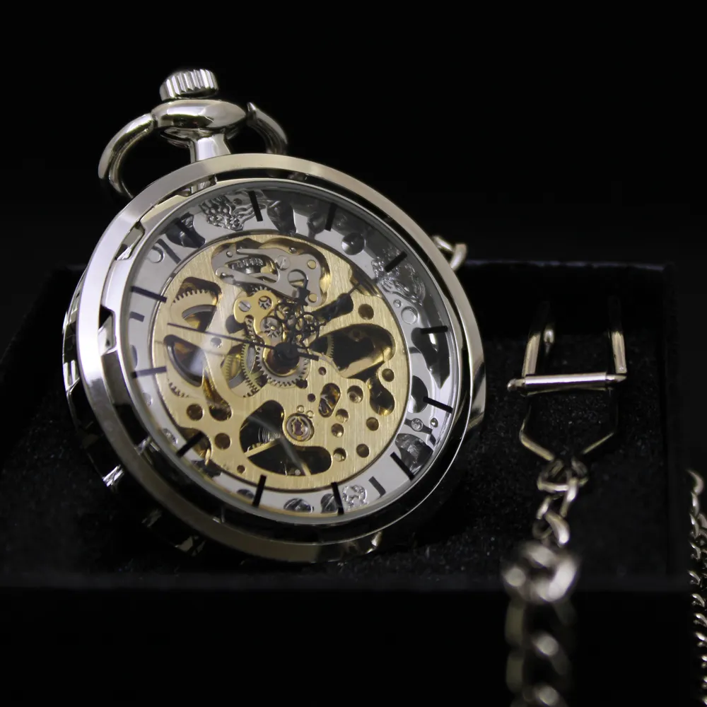 Silberne Taschenuhr mit Kette - Transparentes goldfarbenes Uhrwerk