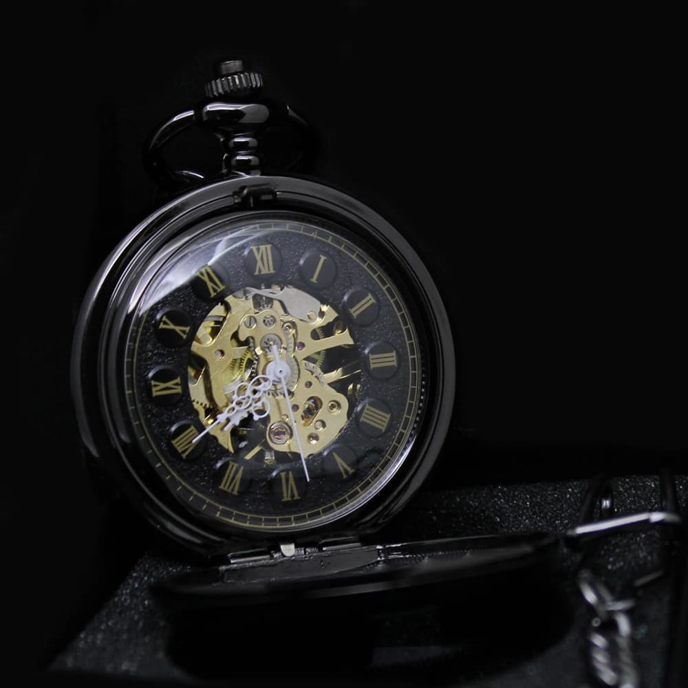 Schwarze Taschenuhr mit Kette - Doppelte Öffnung mit luxuriösen goldenen Akzenten