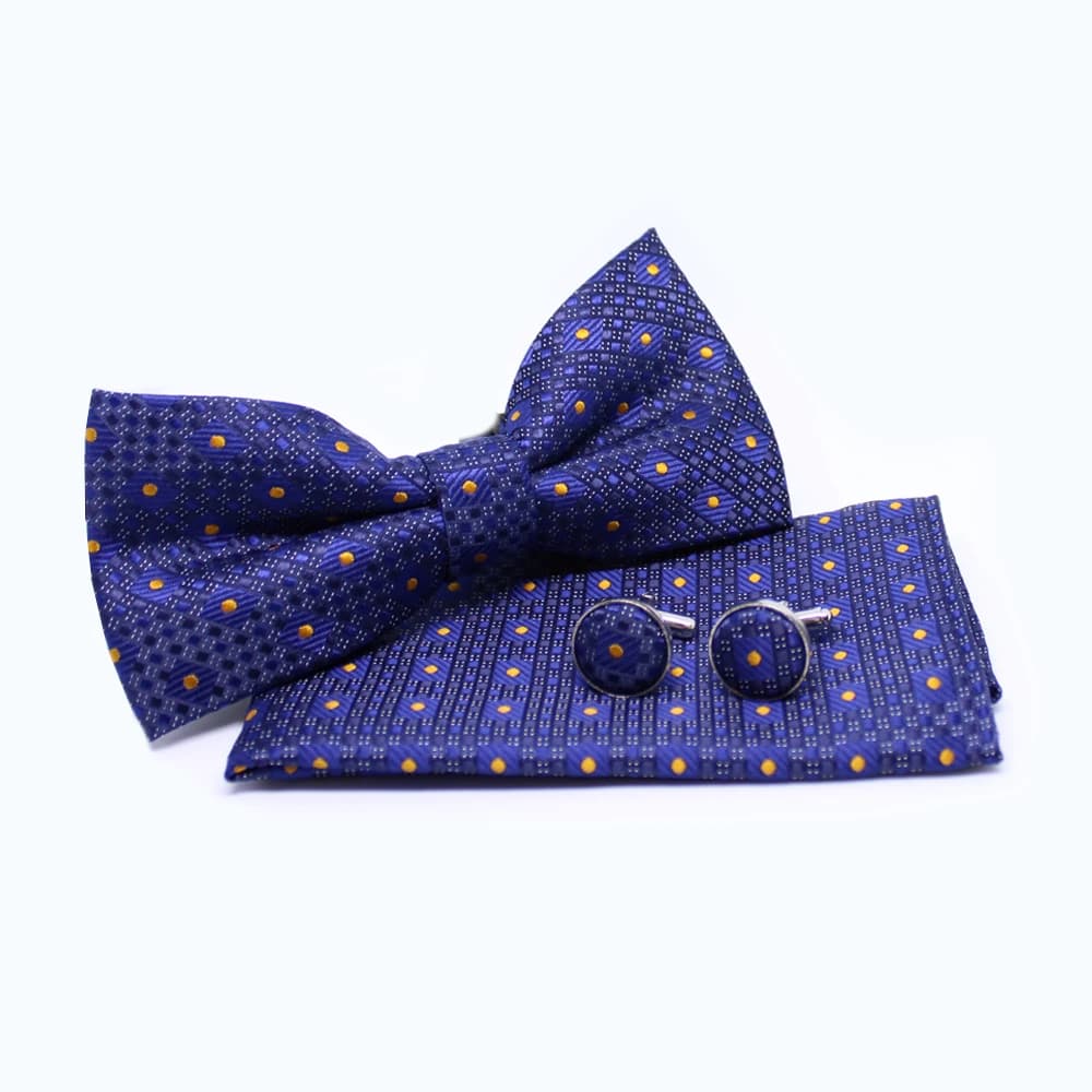 Set mit Fliege, Einstecktuch und Manschettenknöpfen - Blau mit gelben Punkten