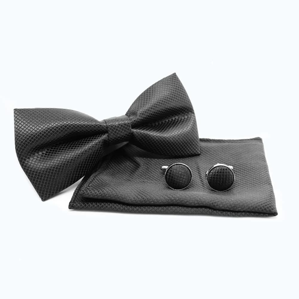 Set mit Fliege, Einstecktuch und Manschettenknöpfen - Schwarz mit Karomuster