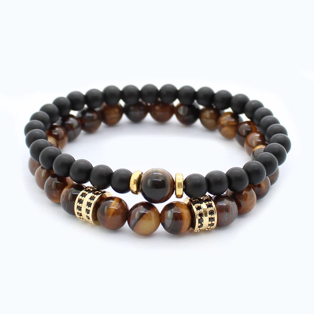Doppeltes Herrenarmband mit Steinen - Braun und Gold