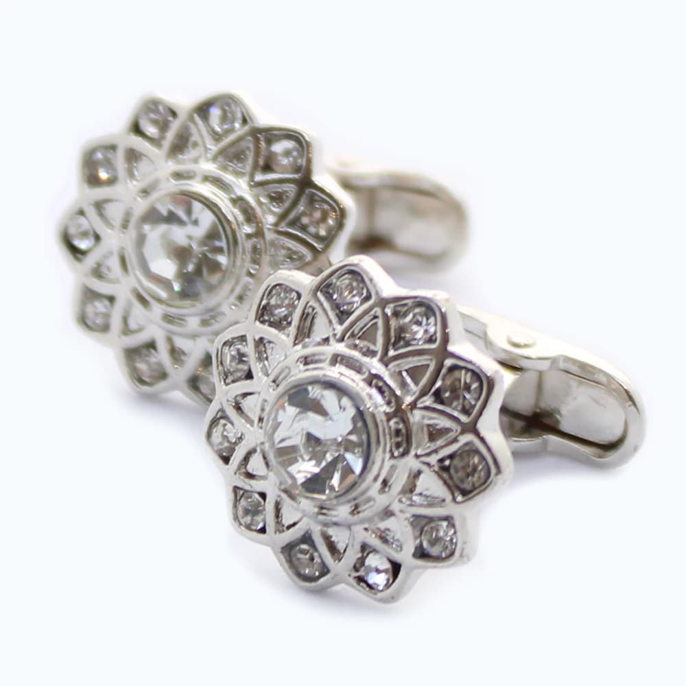 Silberfarbene Manschettenknöpfe – Blume mit Diamanten