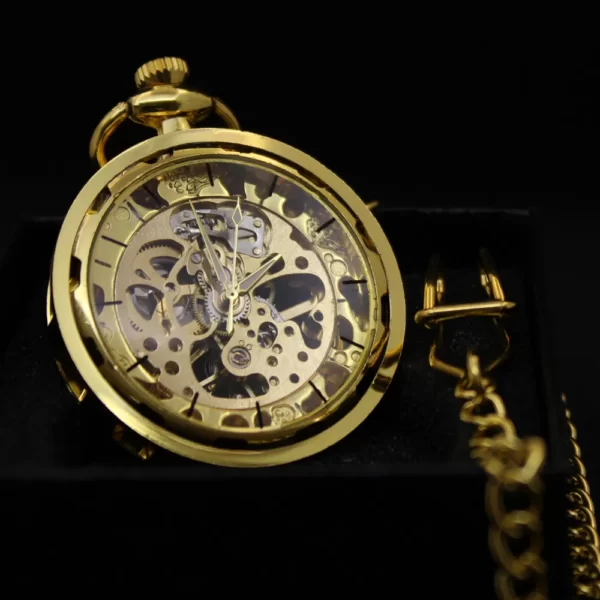 Gouden zakhorloge met ketting klassieke wijzers – transparant uurwerk