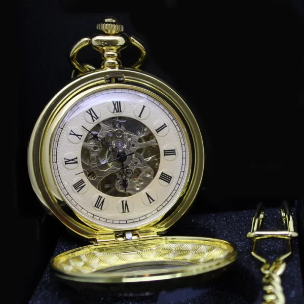 Gouden zakhorloge met ketting - dubbele opening en doorzichtige wijzerplaat1