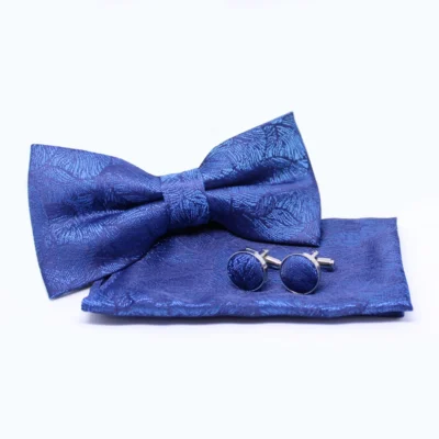 Set met vlinderdas met pochet en manchetknopen - blauw met patroon