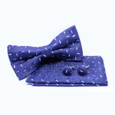 Set met vlinderdas met pochet en manchetknopen - donkerblauw met streepjes